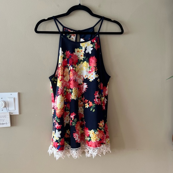 Sweet Wanderer Navy with Bright Coloured Floral Print Tank Top with Crochet Hem - Picture 6 of 11